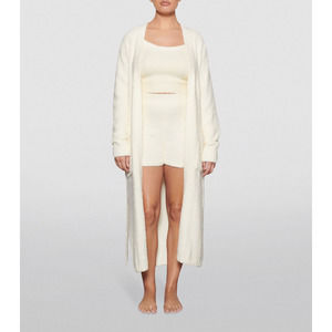 Skims Unisex Cozy Boucle Knit Relaxed Robe Pockets Belted Lounge Bone Cream S/M